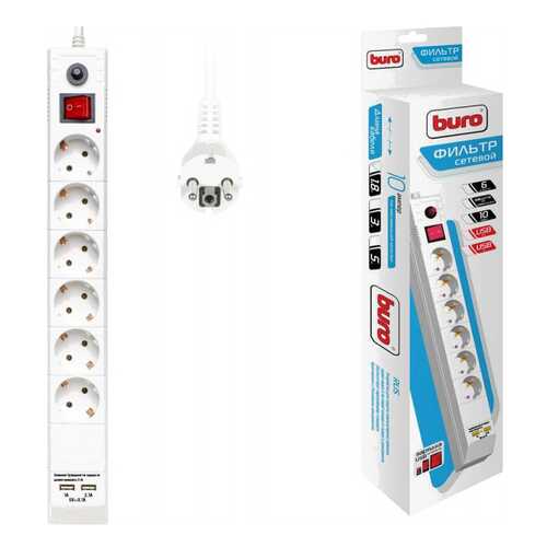 Сетевой фильтр BURO BU-SP1,8_USB_2A-W, 6 розеток, 1,8 м, White в Онлайн Трейд